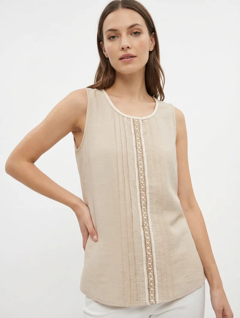 Top sans manches à col rond et broderie - Beige