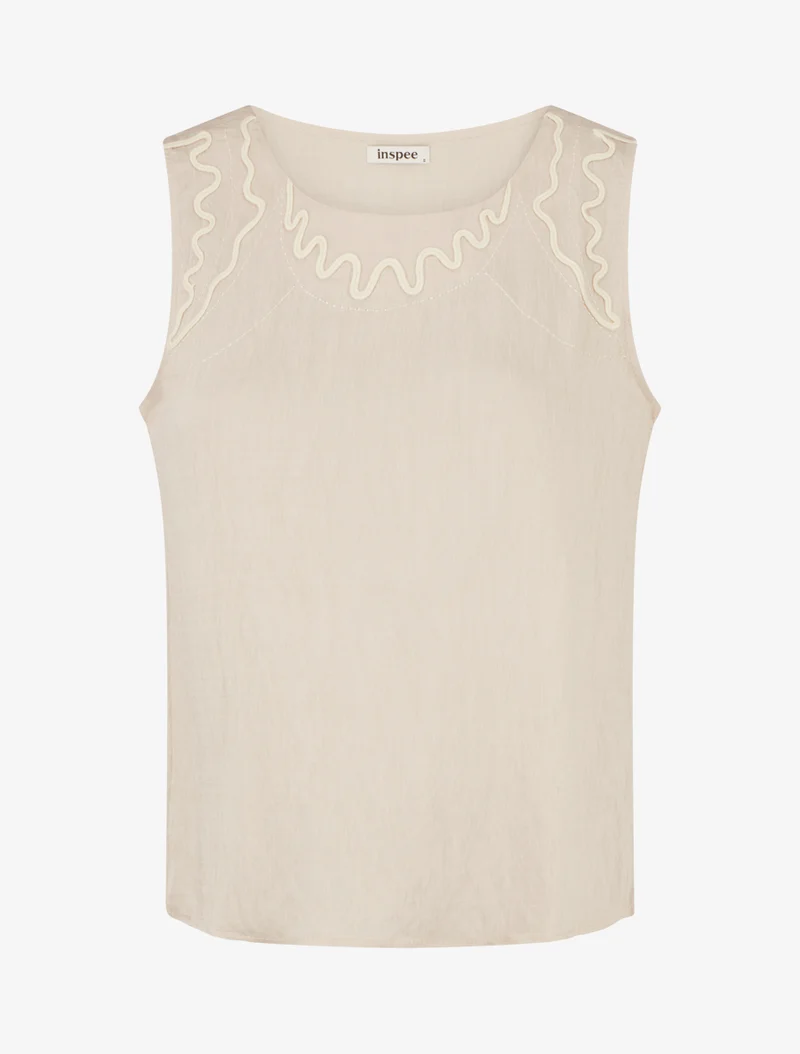 Top uni à détail broderies vagues - Beige