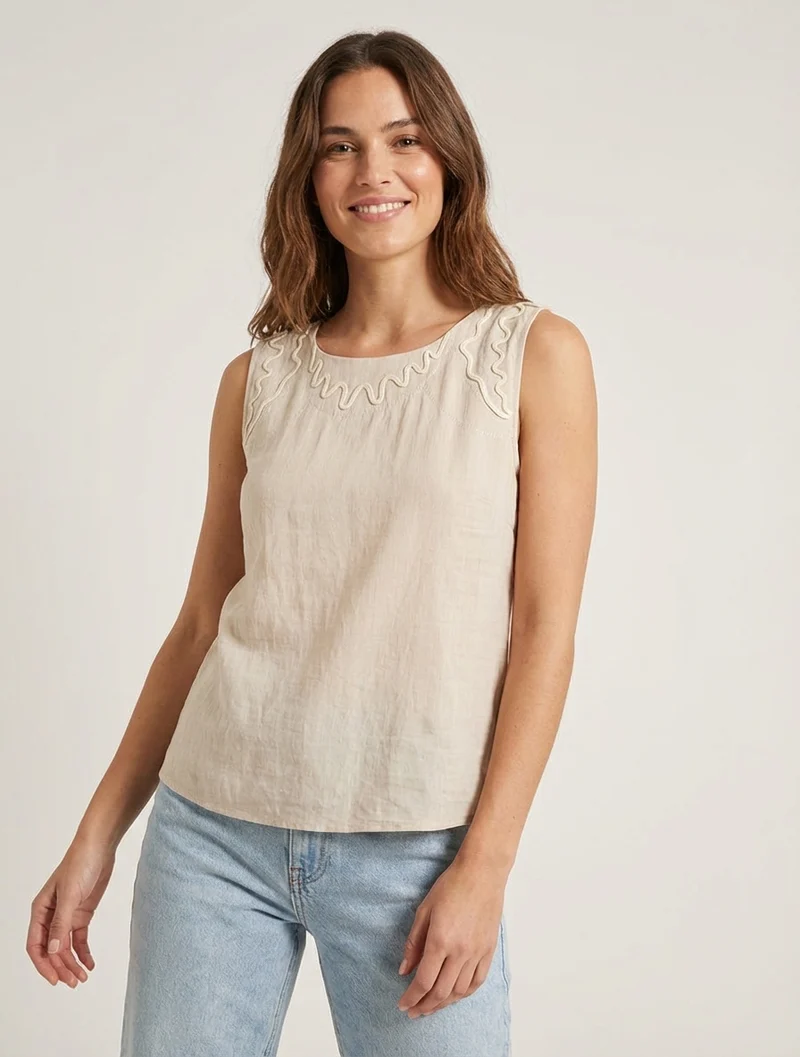 Top uni à détail broderies vagues - Beige