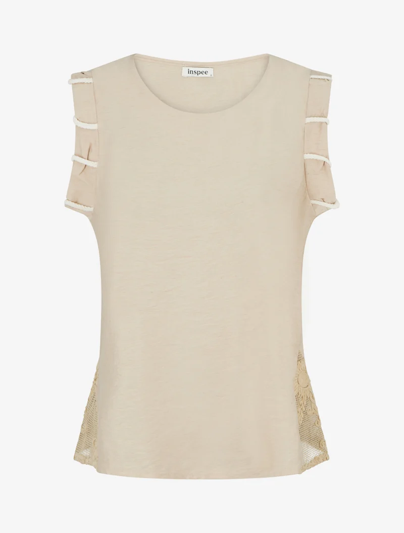 Top uni à détail effet cordes et broderies ajourés - Beige
