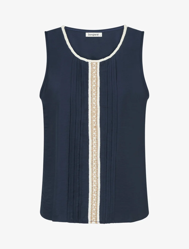 Top sans manches à col rond et broderie - Marine