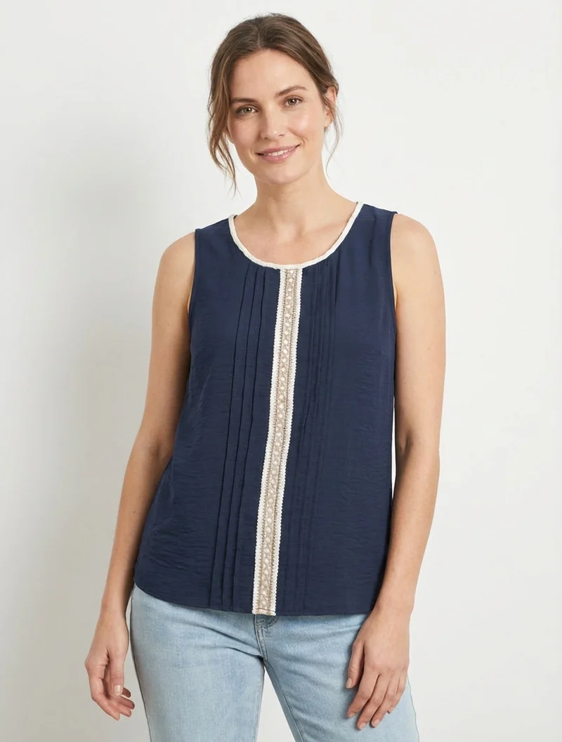 Top sans manches à col rond et broderie - Marine