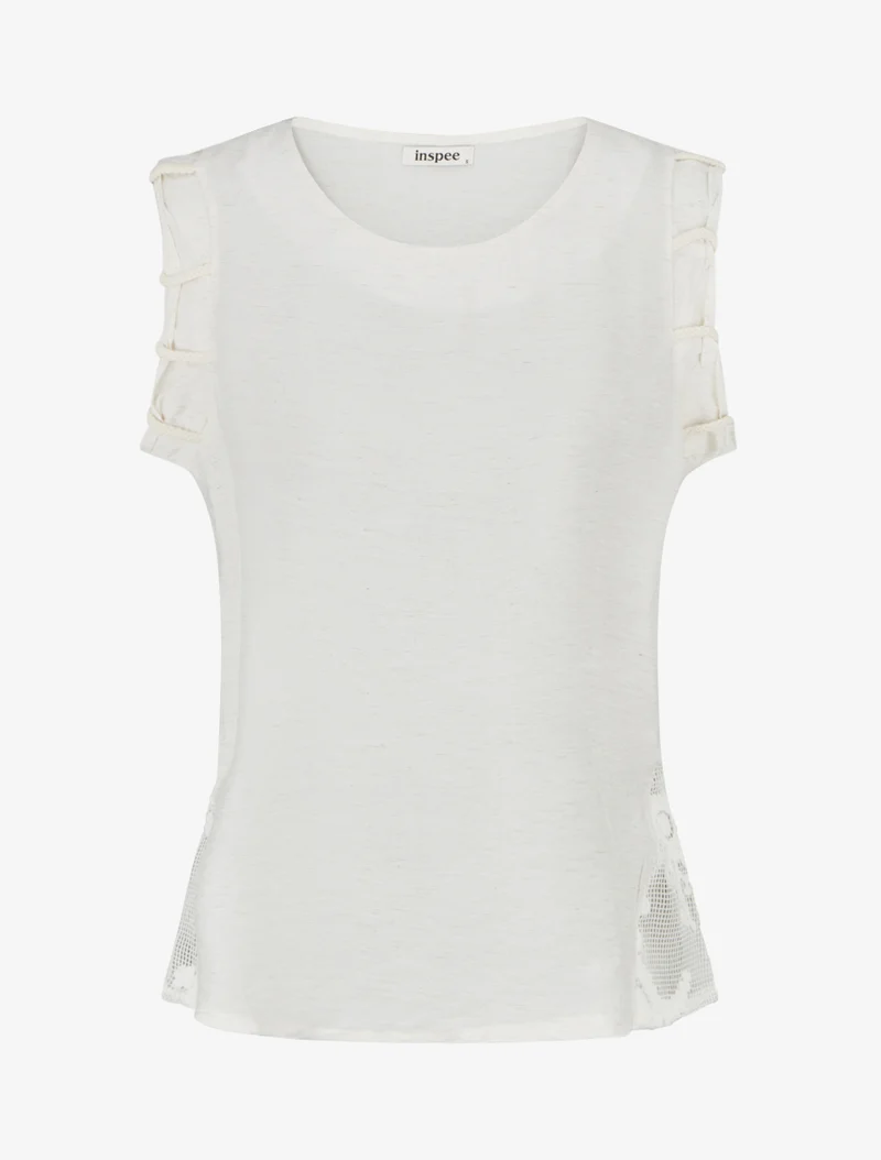 Top uni à détail effet cordes et broderies ajourés - Crème