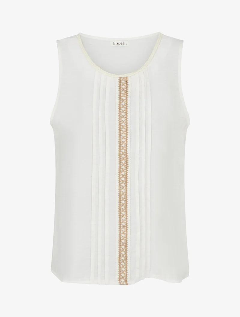Top sans manches à col rond et broderie - Écru