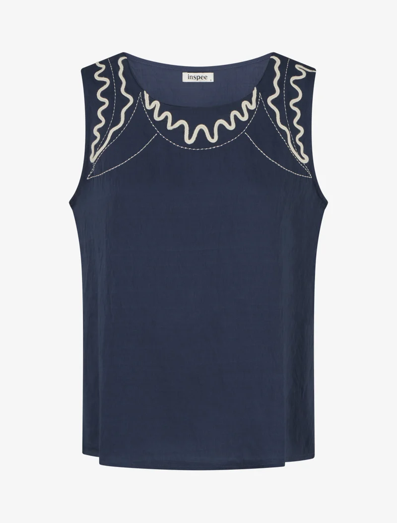 Top uni à détail broderies vagues - Marine