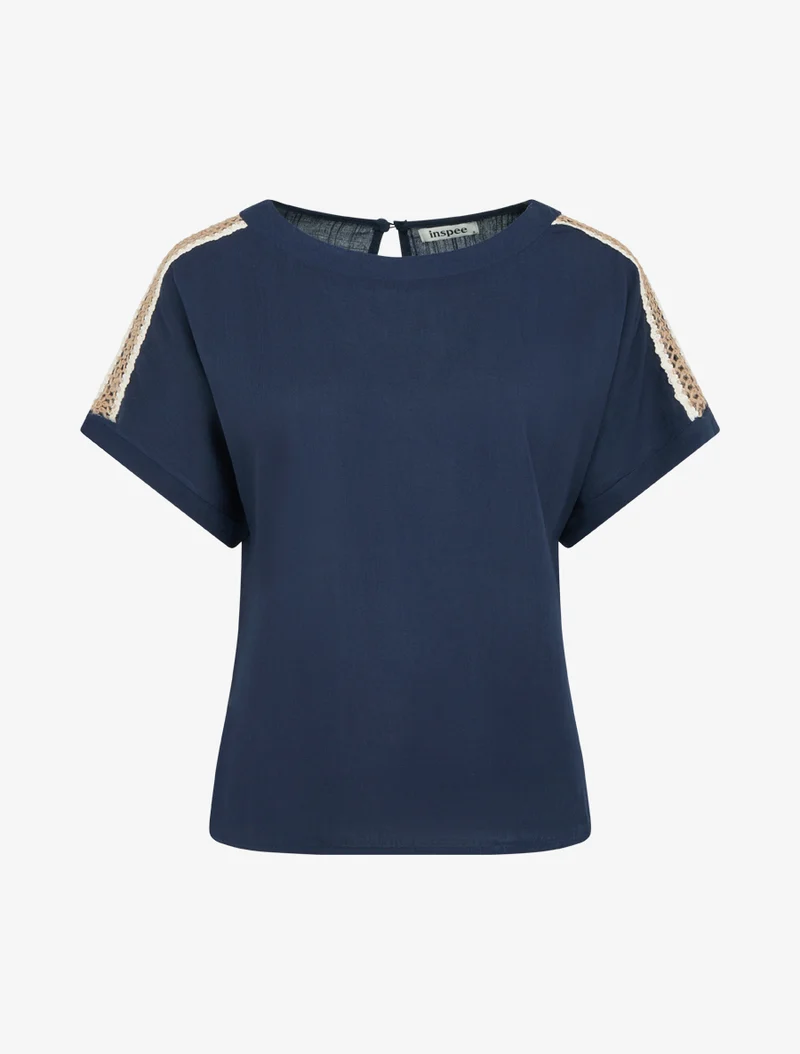 Top manches courtes à broderies ajourés - Marine