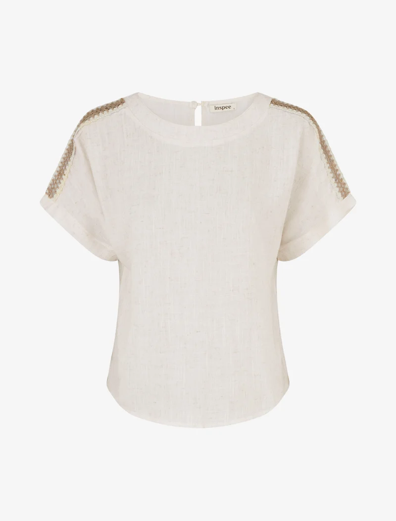 Top manches courtes à broderies ajourés - Crème