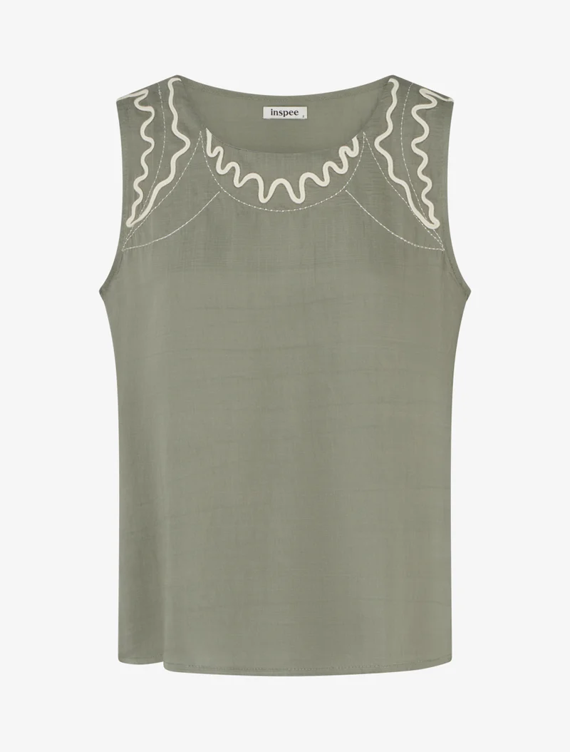 Top uni à détail broderies vagues - Kaki