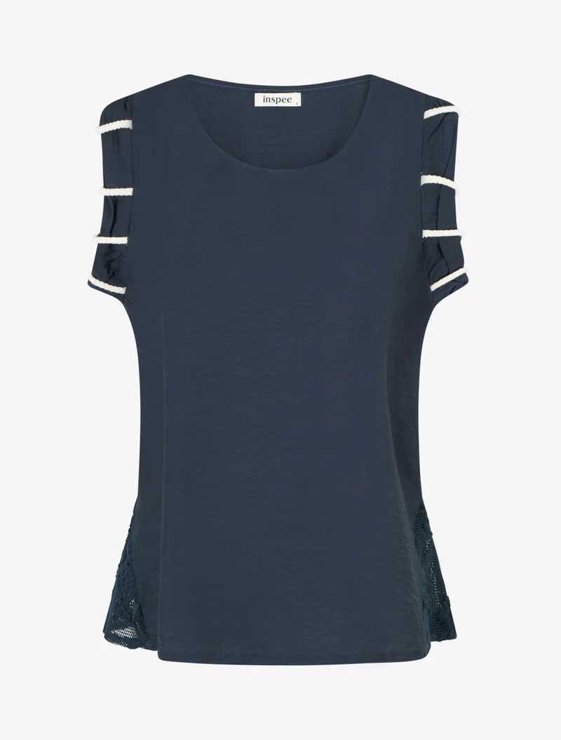 Top uni à détail effet cordes et broderies ajourés - Marine