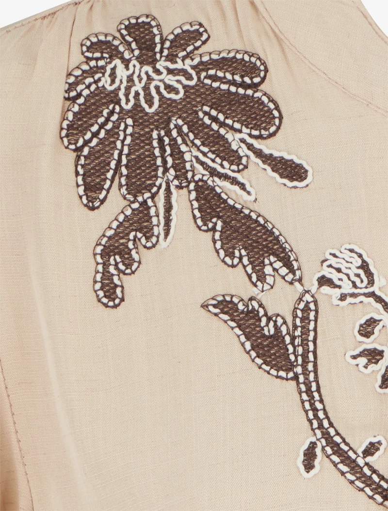 Top brodé à mancherons volantés - Beige
