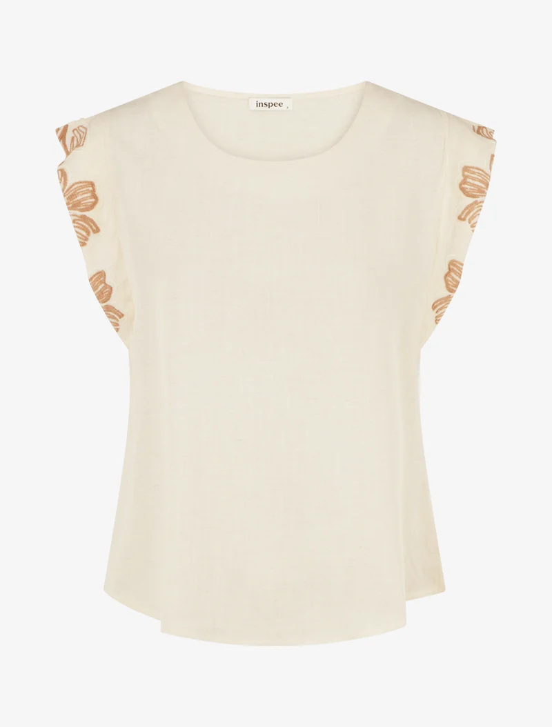 Top uni à mancherons brodés - Beige