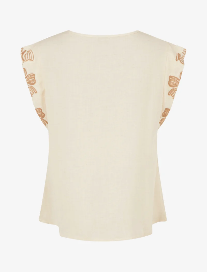 Top uni à mancherons brodés - Beige