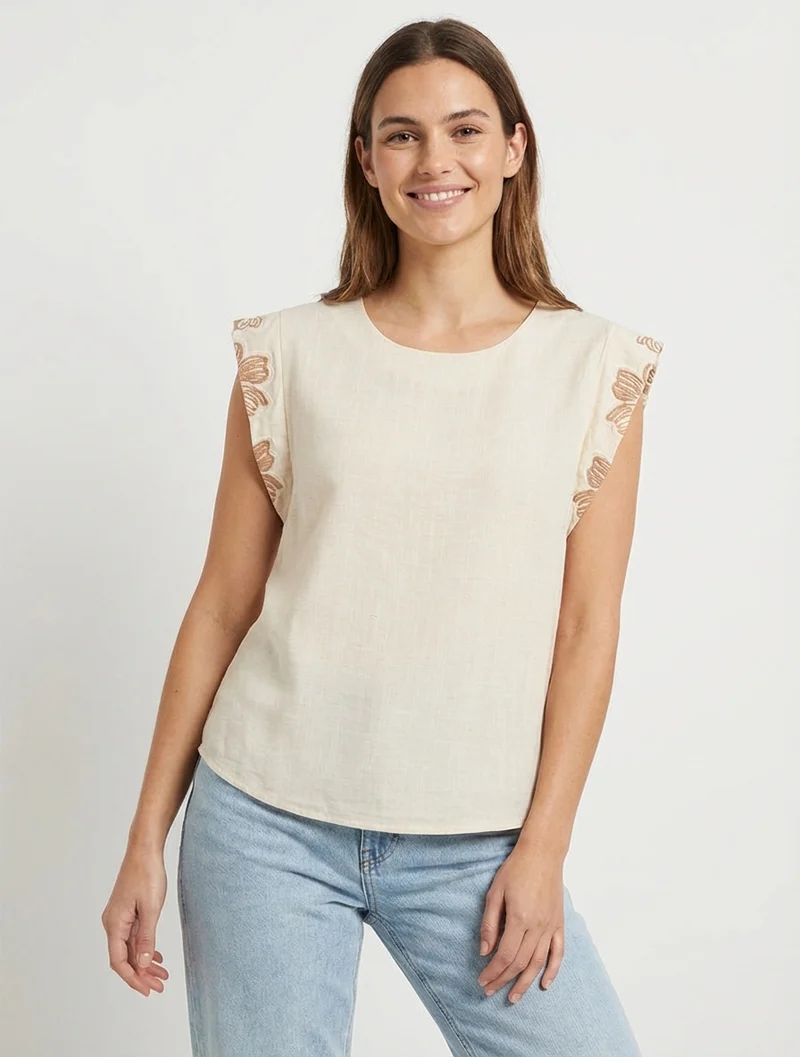 Top uni à mancherons brodés - Beige