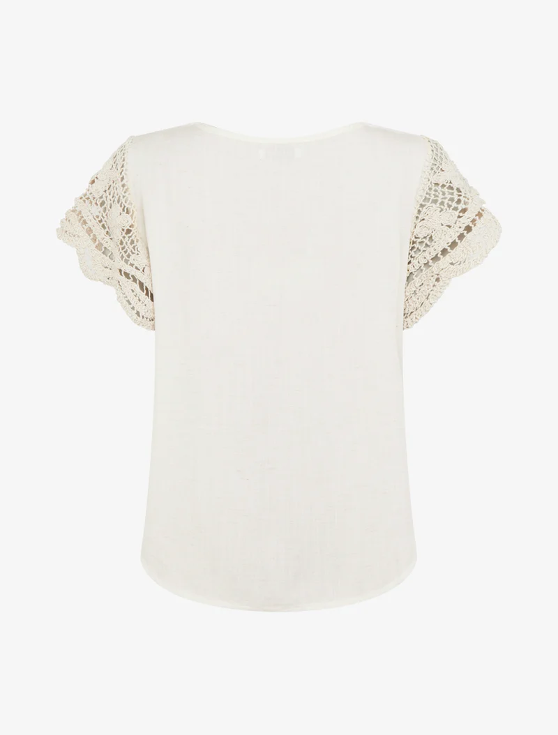 Top uni à manches courtes brodées - Crème