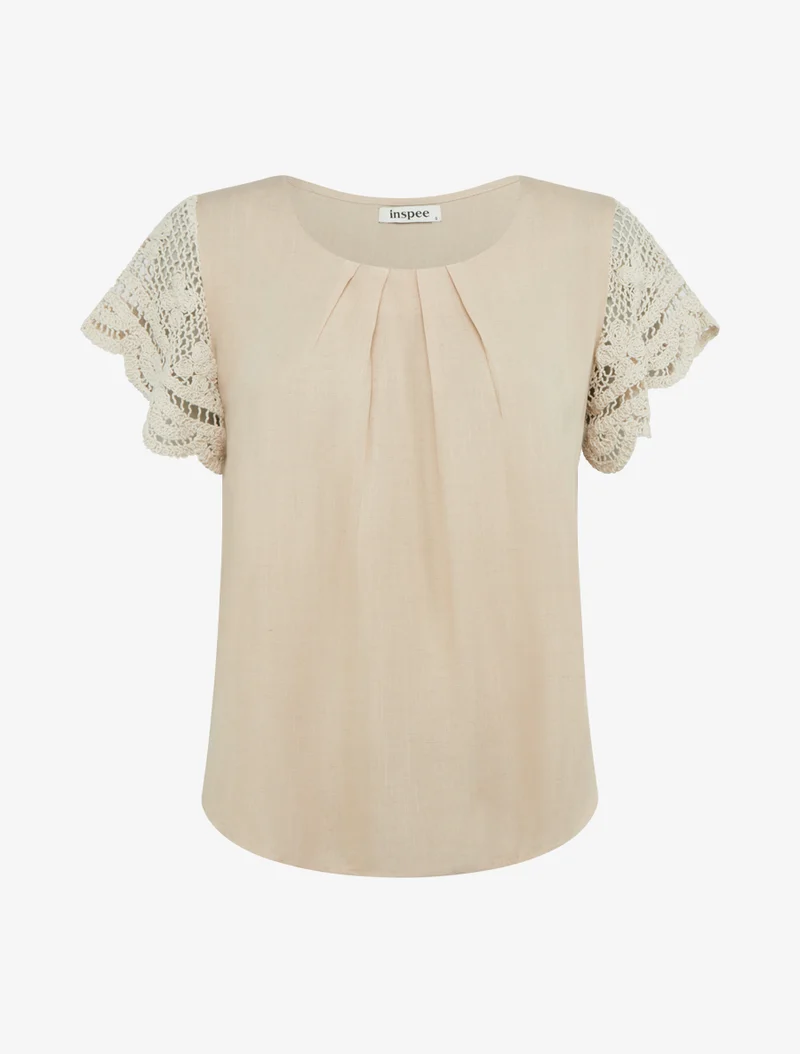 Top uni à manches courtes brodées - Beige