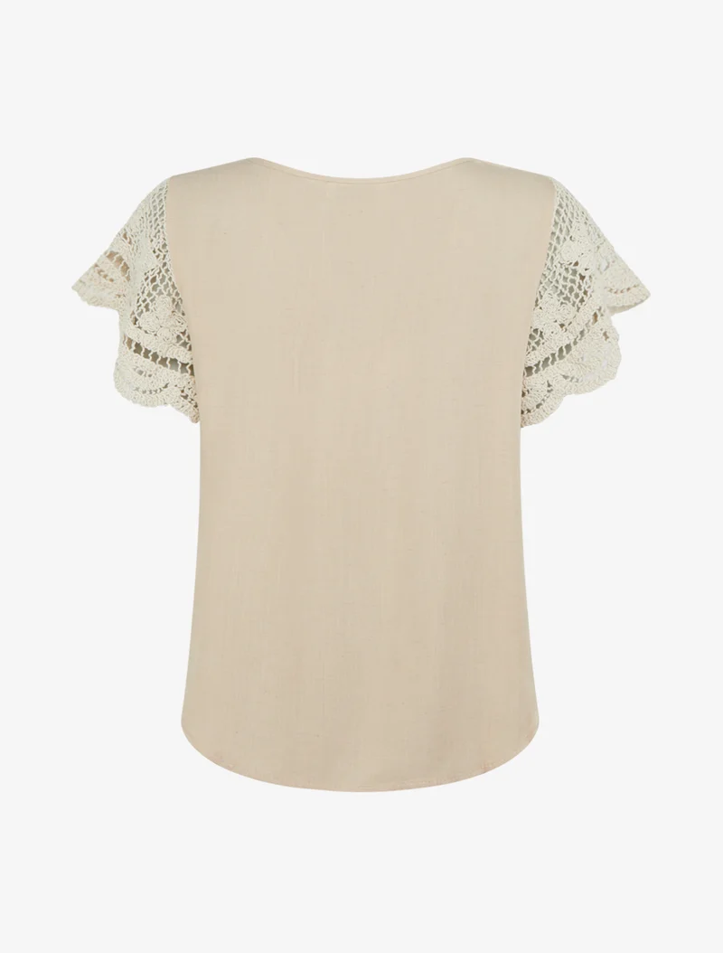 Top uni à manches courtes brodées - Beige