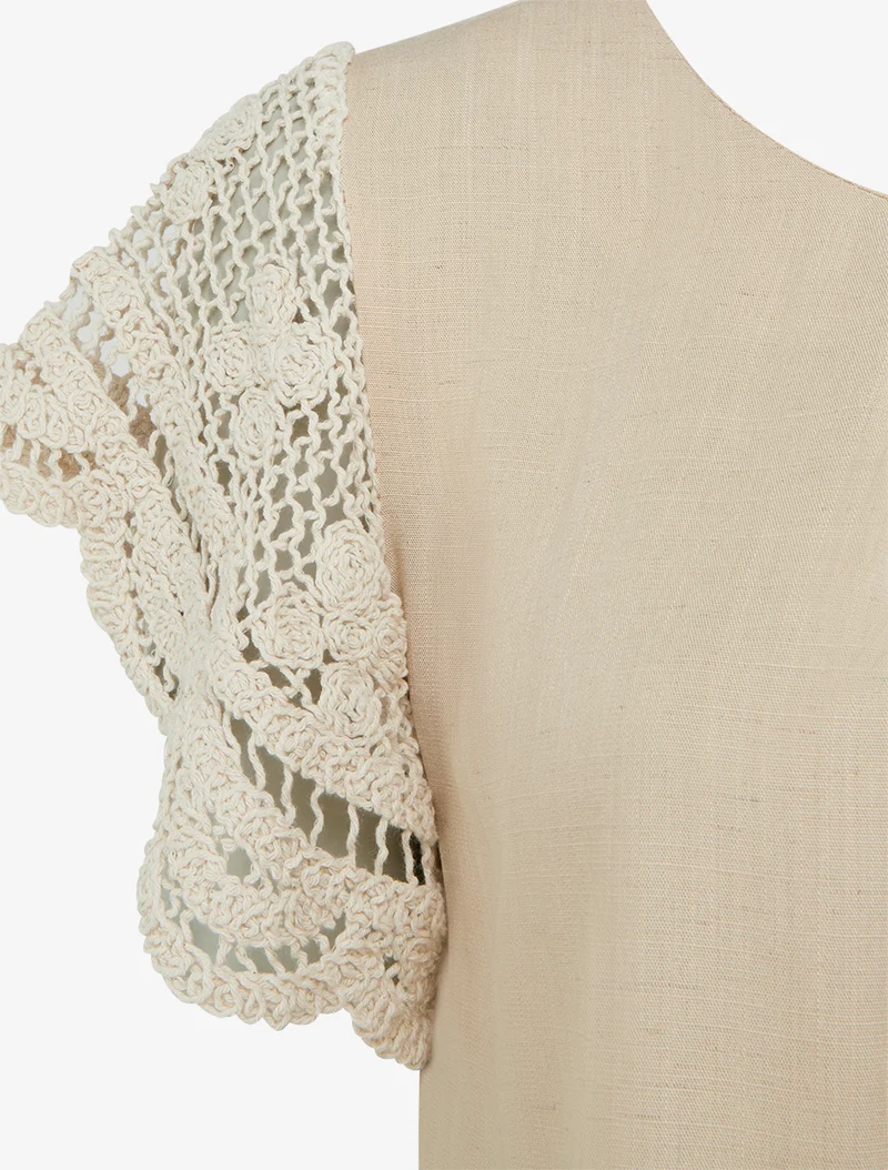 Top uni à manches courtes brodées - Beige
