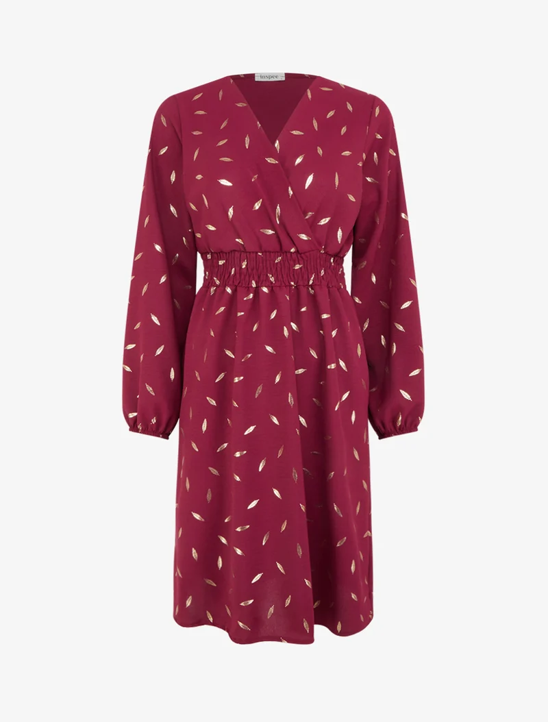 Robe évasée à imprimé plumes dorées - Lie de vin