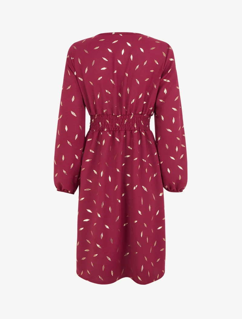 Robe évasée à imprimé plumes dorées - Lie de vin