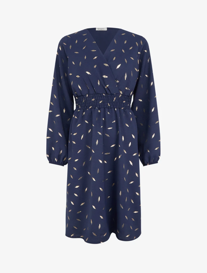 Robe évasée à imprimé plumes dorées - Marine