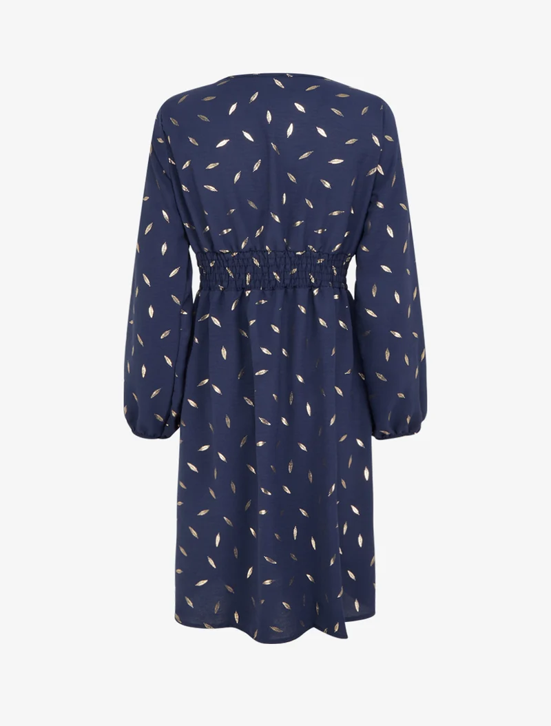 Robe évasée à imprimé plumes dorées - Marine