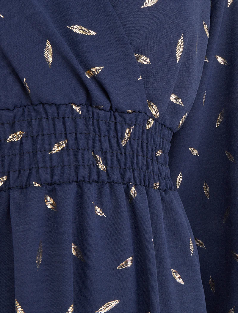 Robe évasée à imprimé plumes dorées - Marine