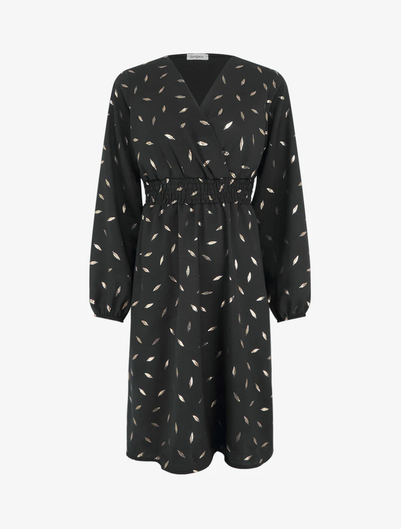 Robe évasée à imprimé plumes dorées - Noir