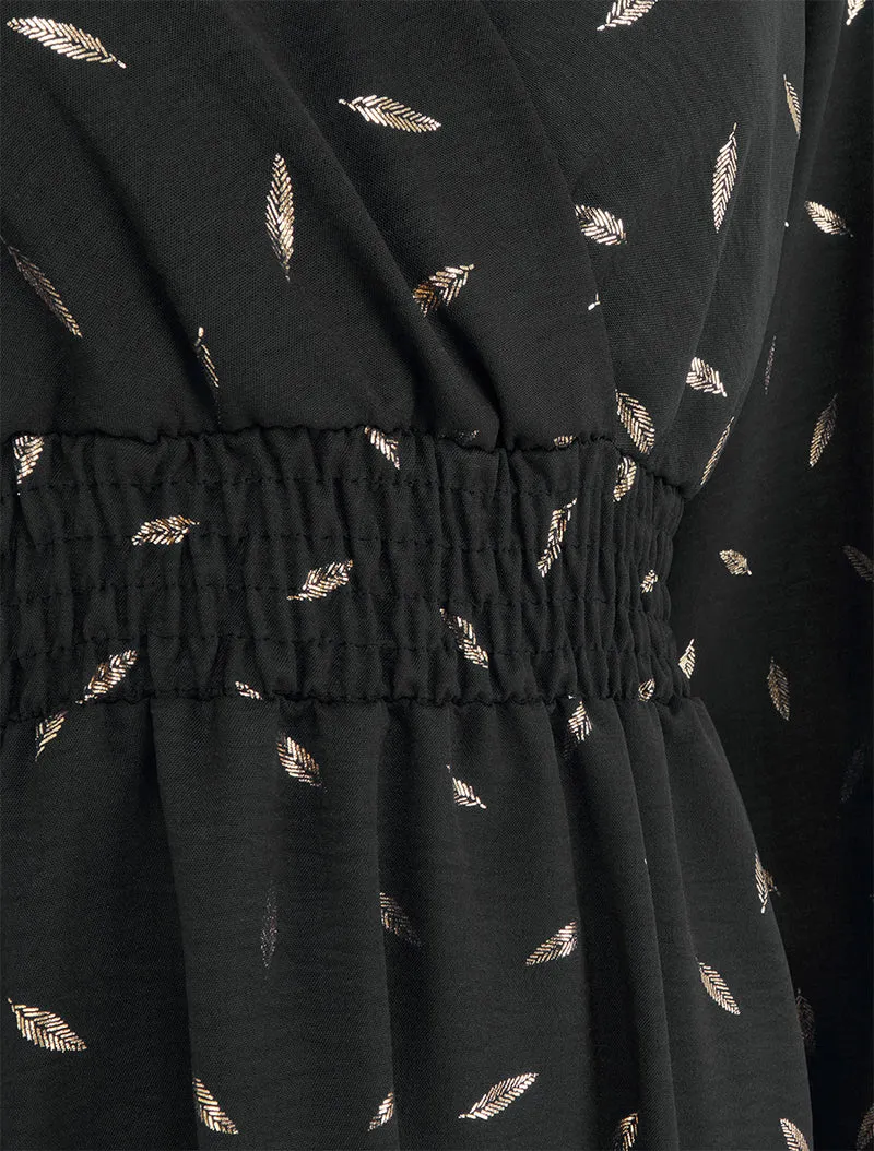 Robe évasée à imprimé plumes dorées - Noir
