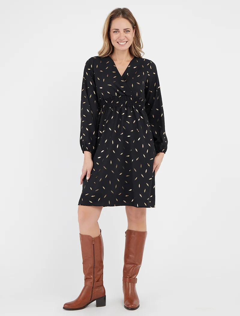 Robe évasée à imprimé plumes dorées - Noir