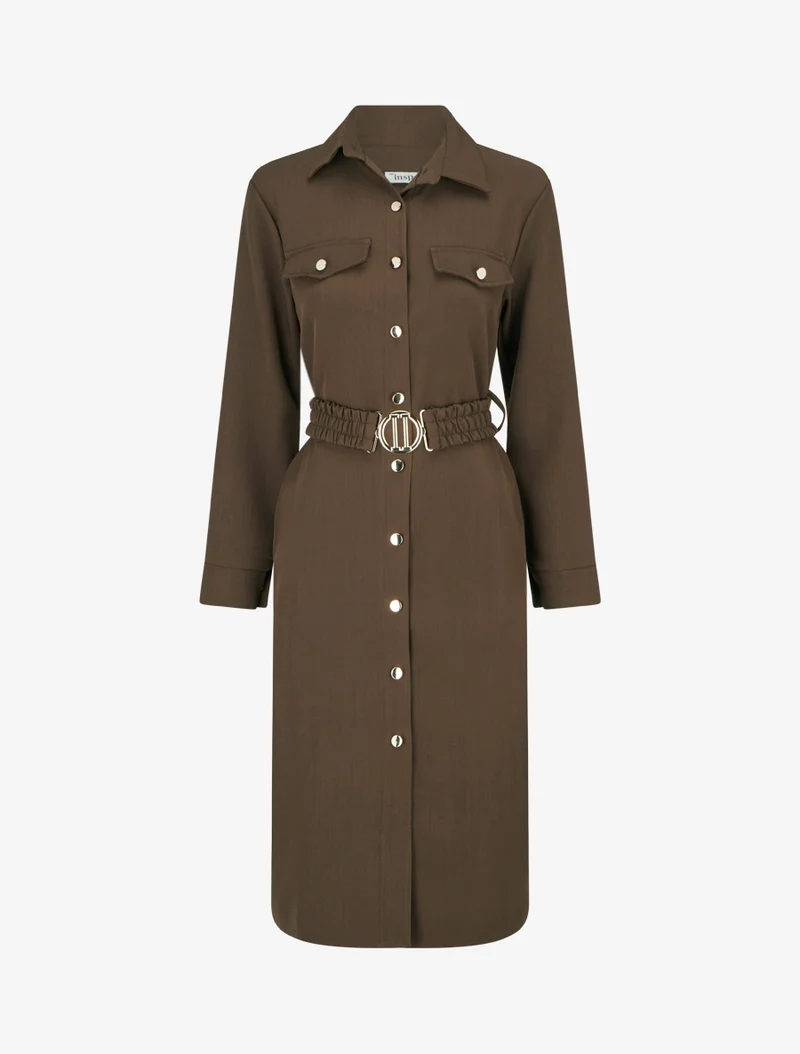 Robe chemise longue à poches décoratives - Marron