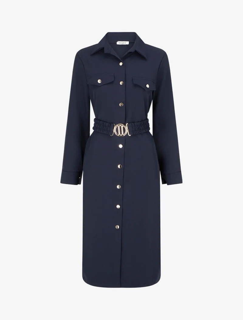 Robe chemise longue à poches décoratives - Marine