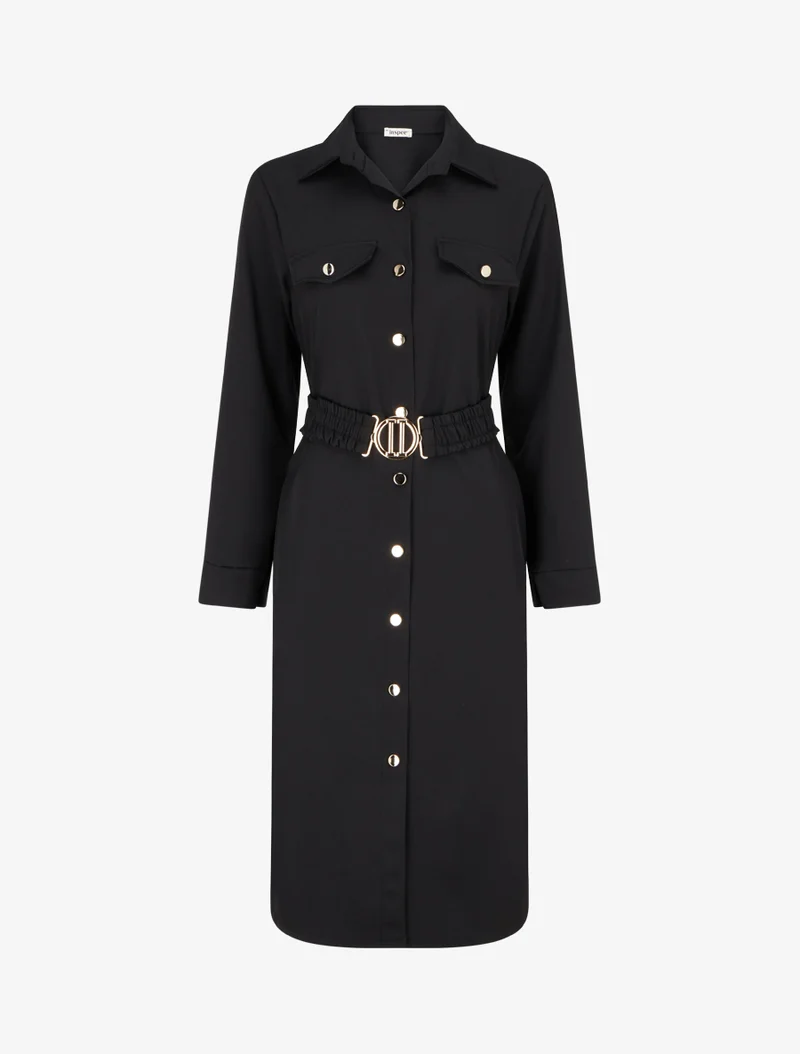 Robe chemise longue à poches décoratives - Noir