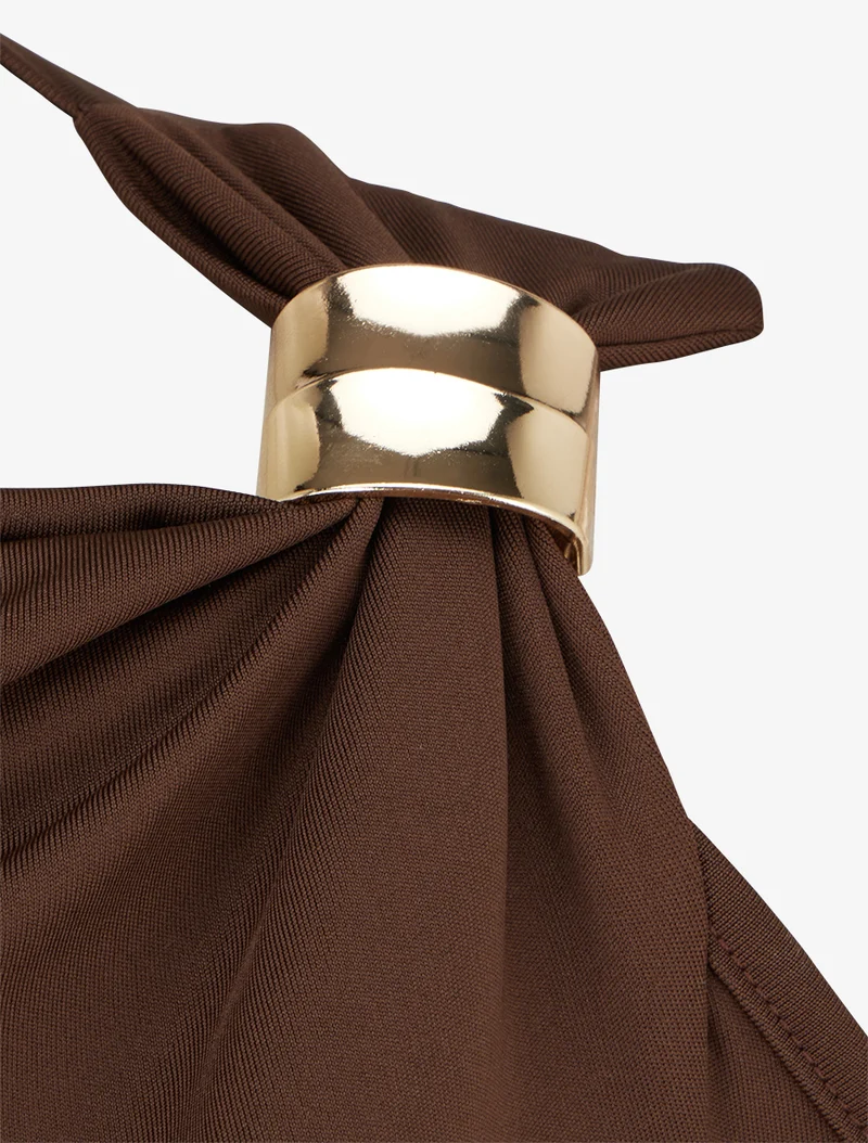 Top manche ajouré à empiècement bijou - Marron