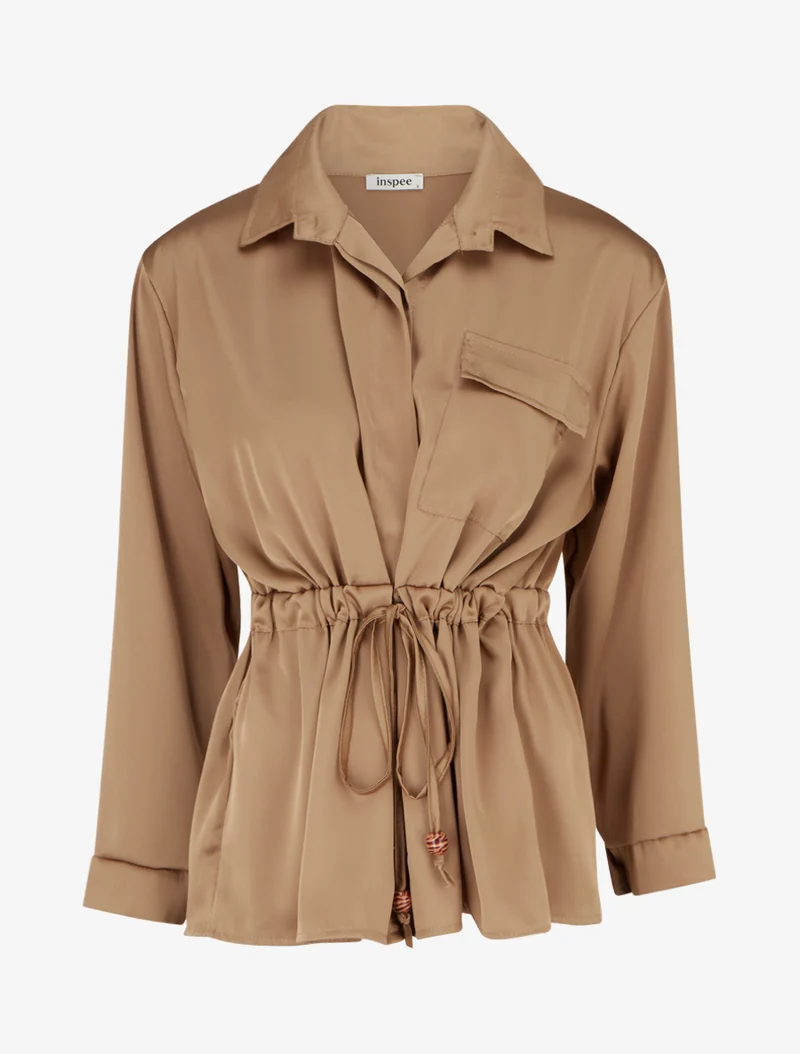 Chemise satinée ample à liens - Camel
