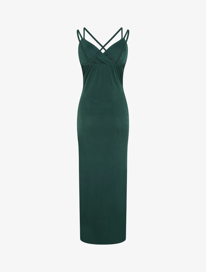 Robe longue ajustée à fente et bretelles - Vert foncé