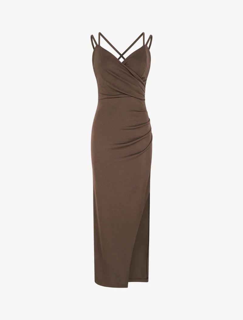 Robe longue ajustée à fente et bretelles - Marron