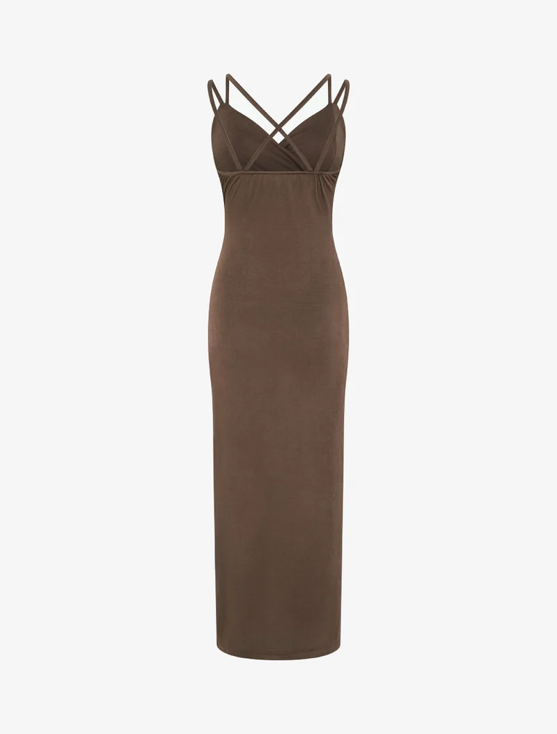 Robe longue ajustée à fente et bretelles - Marron