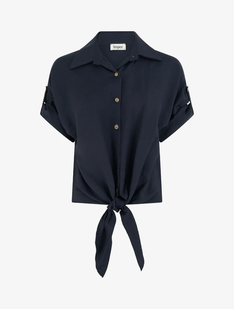 Chemise à nouer ample à manches courtes - Bleu nuit