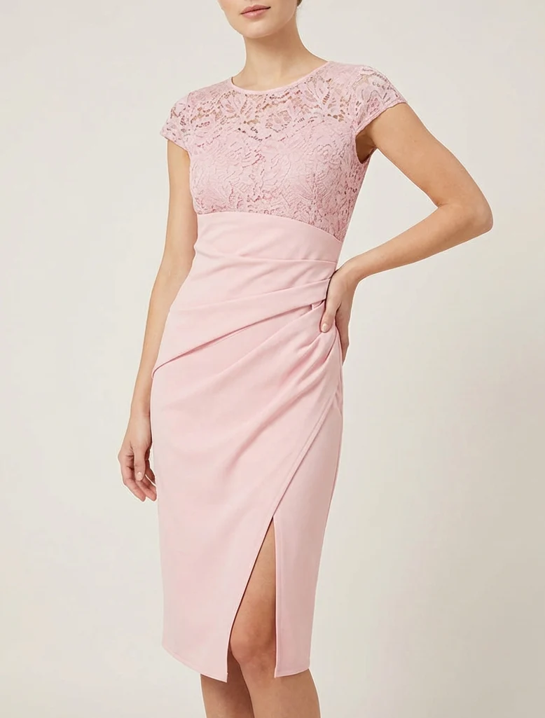 Robe ajustée à dentelle et drapé - Rose