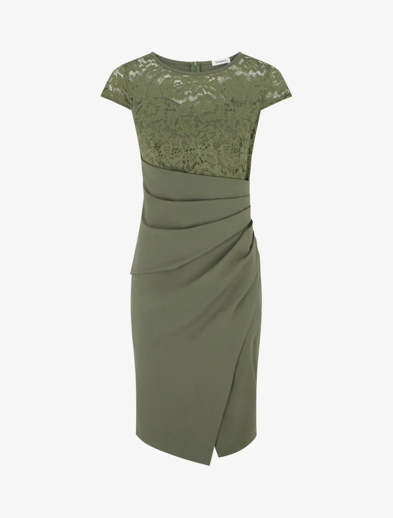 Robe ajustée à dentelle et drapé - Kaki