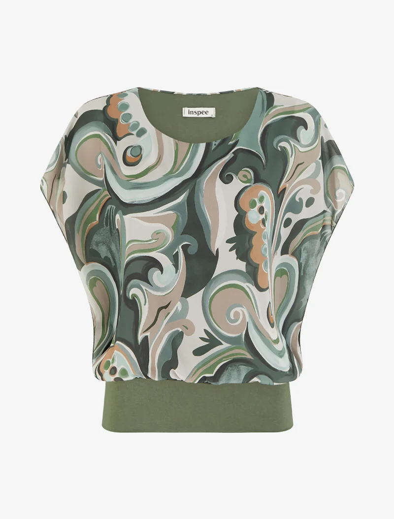 Top droit manches courtes imprimé arabesque - Kaki