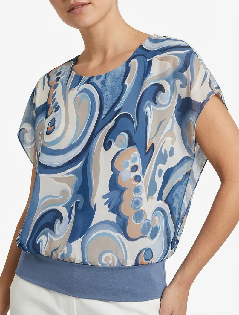 Top droit manches courtes imprimé arabesque - Bleu foncé