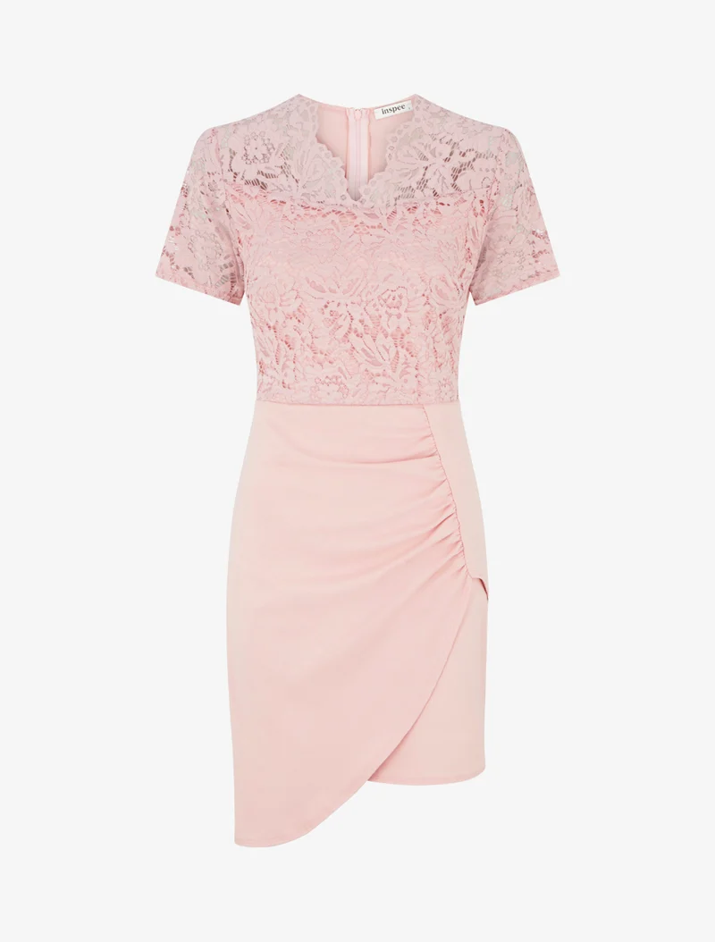 Robe ajustée à manches courtes et dentelle - Rose