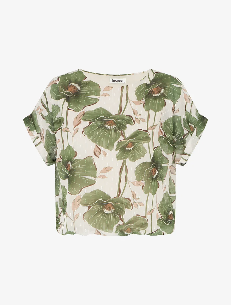 Top boule manches courtes à imprimé floral - Kaki