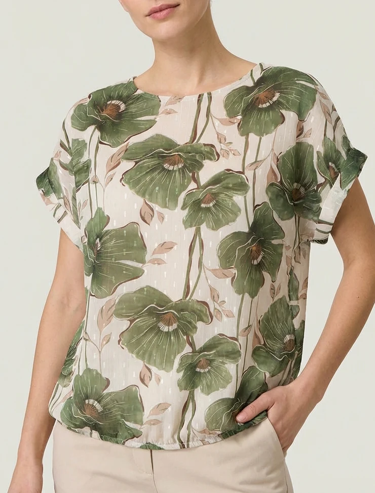 Top boule manches courtes à imprimé floral - Kaki