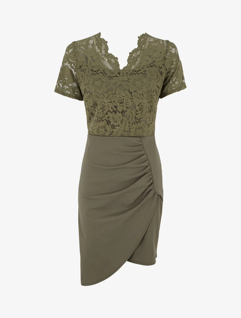 Robe ajustée à manches courtes et dentelle - Kaki