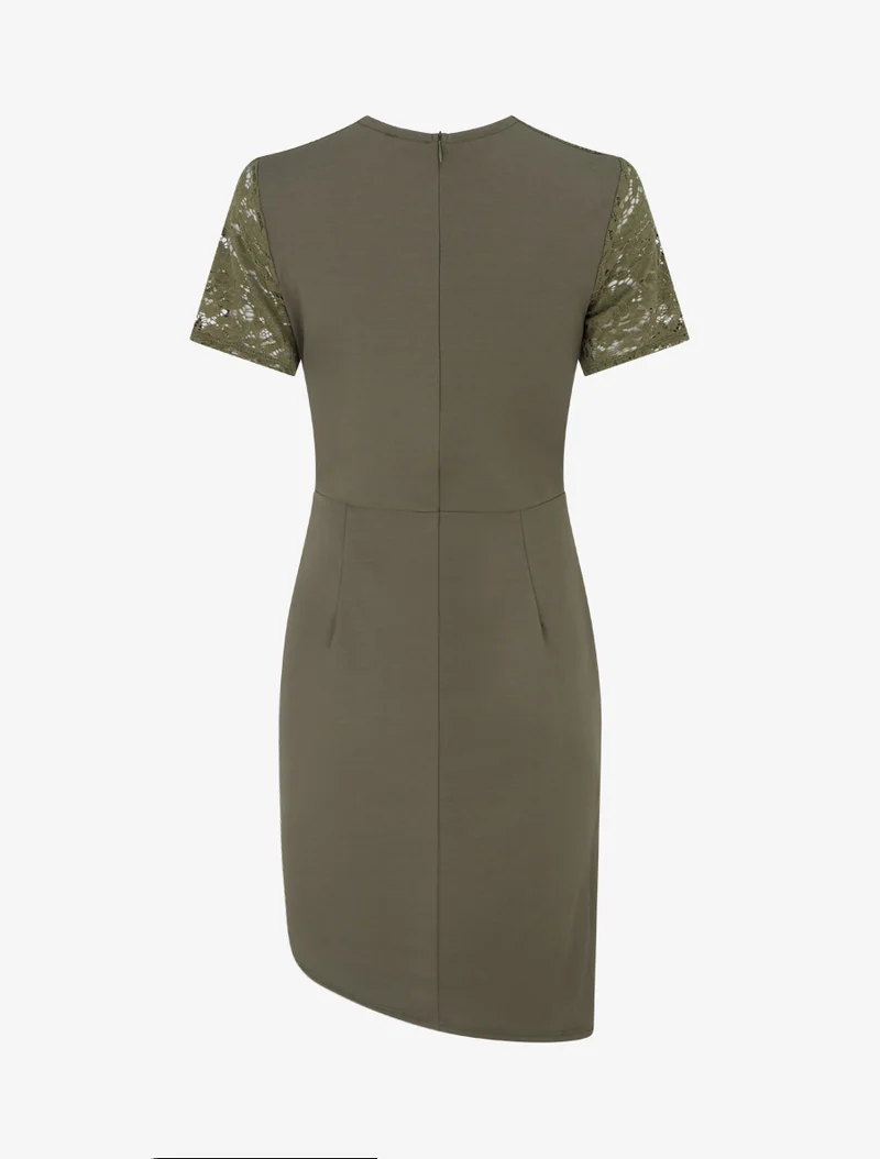 Robe ajustée à manches courtes et dentelle - Kaki