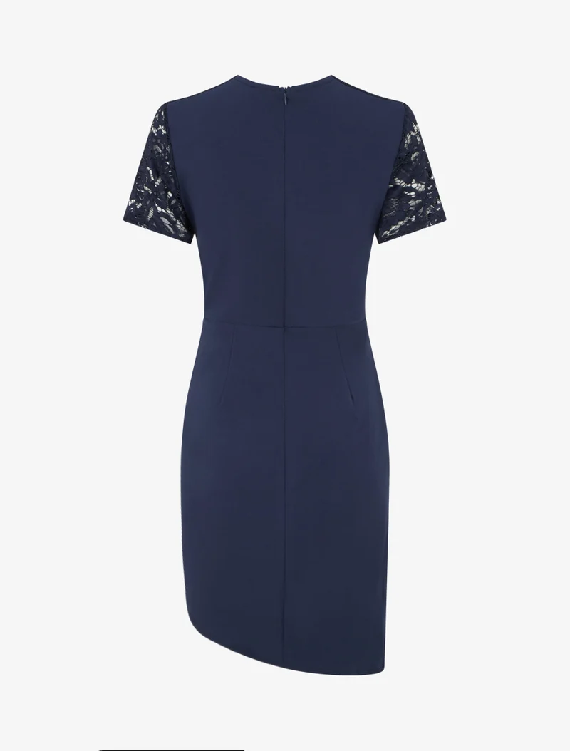 Robe ajustée à manches courtes et dentelle - Marine