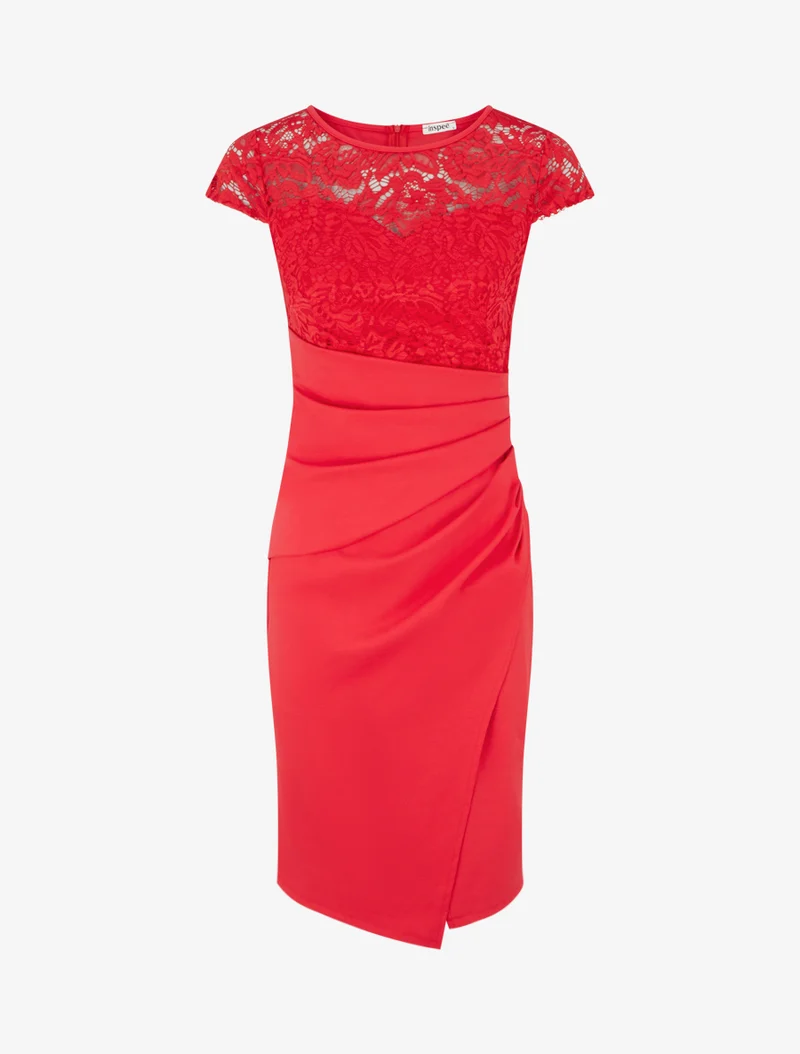 Robe ajustée à dentelle et drapé - Rouge