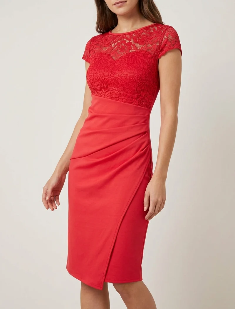 Robe ajustée à dentelle et drapé - Rouge